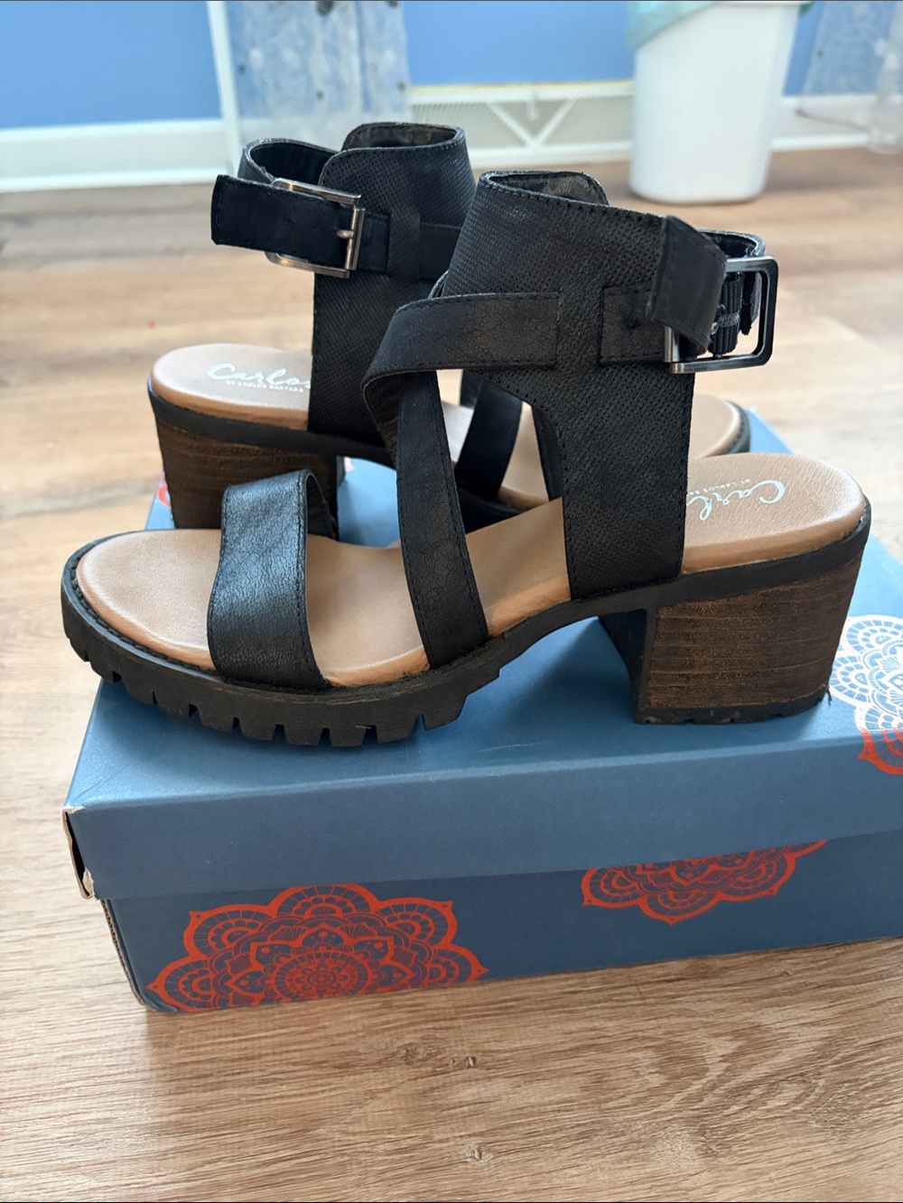 Carlos by Carlos Santana Black Strappy Lug Heel Sandals